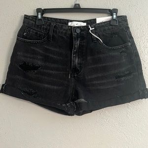 NWT Kancan Black distressed high rise denim shorts. Woman size medium.